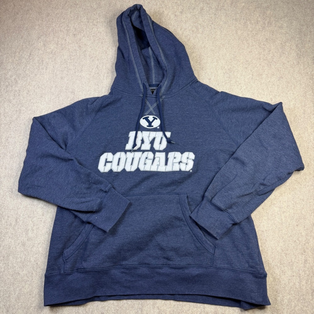 Champion Elite BYU Cougars Hoodie Mens XL Navy Blue Heathered Sweatshirt Raglan